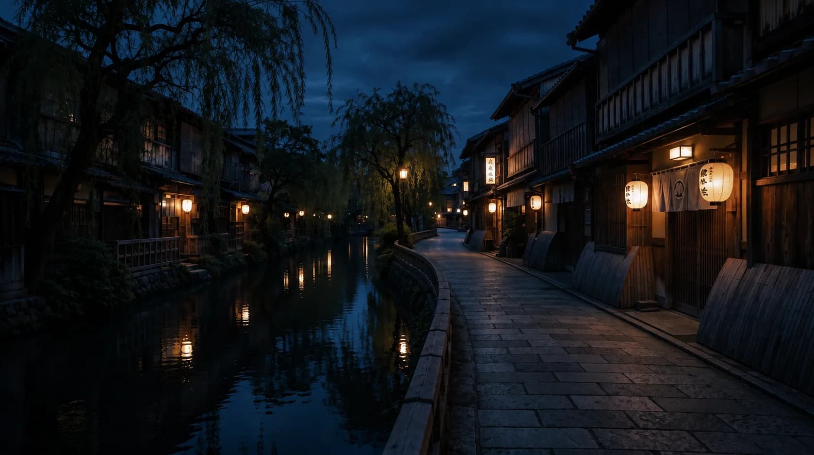 Lantern-lit stone path along a canal in Gion at night